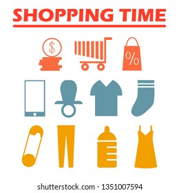 Shopping Time Cartoon Vector Illustrations Set. Internet Store Website Cart, Basket. Baby, Children Clothes Signs. Hypermarket, Mall Goods. Payment. Stack of Coins. Tablet, Smartphone Device