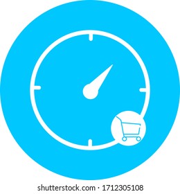 Shopping time, clock, watch in blue circle icon. Concept of UI design elements. Digital countdown app, user interface kit, mobile clock interface. It's time to shop vector sign.