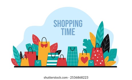 Shopping time concept illustration. Composition of shopping bags and leaves. Comfortable shopping, sales and purchases. Shopping banner.