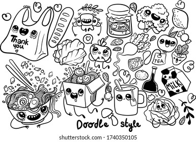 Shopping time. Doodle style cartoon vector illustration. Hand drawn cute food. Kawaii face.