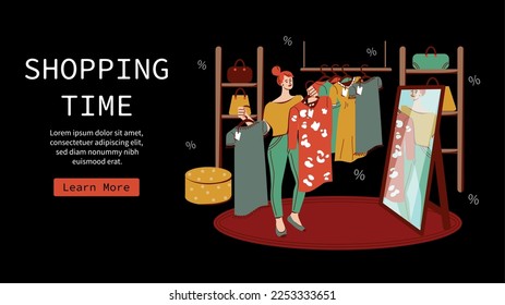 Shopping time flat web site with female character trying on new dress in store fitting room vector illustration