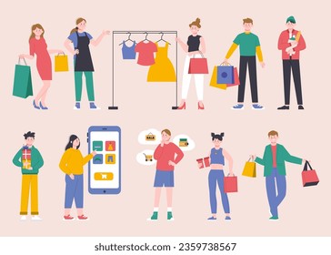 Shopping time. Happy shoppers and customers with bags and boxes. Online store in phone, buyer and seller choose clothes, splendid vector characters