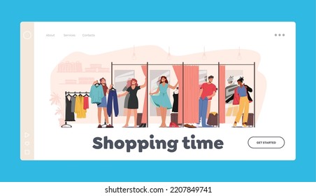 Shopping Time Landing Page Template. Young People in Fitting Room, Men and Women Trying on Closes in Changeroom at Store, Sales Woman Assistant Help to Choose Apparel. Cartoon Vector Illustration