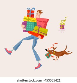 Shopping time. Man holding a pile of gift boxes. Vector illustration