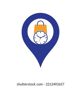 Shopping time map pin shape concept vector logo design template.