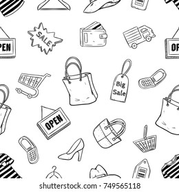 shopping time sale icons in seamless pattern with doodle or hand drawn style