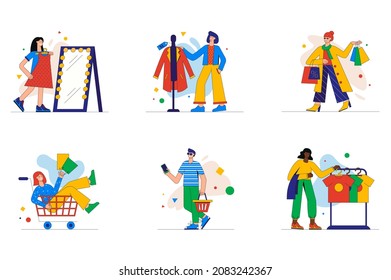 Shopping time set of mini concept or icons. People choose and try on clothes in fitting room, buy in store and supermarket, great sale, modern person scene. Vector illustration in flat design for web