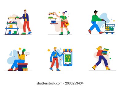 Shopping time set of mini concept or icons. People choose shoes and goods in store or supermarket, making purchases online, buy at sale, modern person scene. Vector illustration in flat design for web