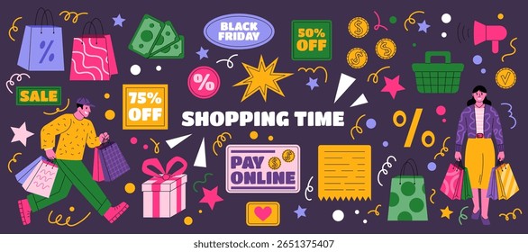 Shopping time. Shop cartoon doodle. Groovy mall sticker. Supermarket purchase bag. Happy buyers smile. Retro hippie character. Y2k online promo tag. Comic discount badge. Vector garish market banner