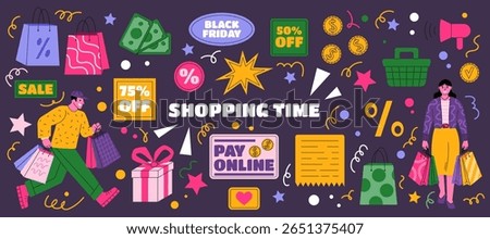 Shopping time. Shop cartoon doodle. Groovy mall sticker. Supermarket purchase bag. Happy buyers smile. Retro hippie character. Y2k online promo tag. Comic discount badge. Vector garish market banner