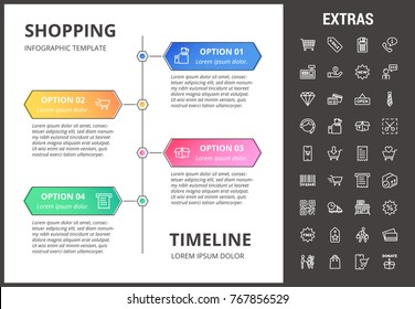 Modelo de infográfico de linha de tempo de compras, elementos e ícones. Infograph inclui opções com anos, ícone de linha definido com carrinho de compras, loja online, loja móvel, etiqueta de preço, máquina de dinheiro, cartão de crédito etc