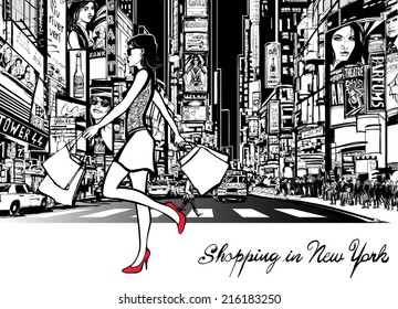 Shopping in Times Square - New York - at night - Vector illustration (all ads are imaginary)