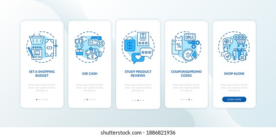 Shopping tips onboarding mobile app page screen with concepts. Budget planning, watching reviews walkthrough 5 steps graphic instructions. UI vector template with RGB color illustrations
