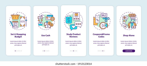 Shopping-Tipps für mobile App-Seite mit Konzepten. Shopping-Budget, Produktbewertungen Durchlaufen Sie 5 Schritte grafische Anleitungen. UI-Vektorvorlage mit RGB-Farbillustrationen