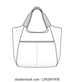 Shopping Tote Bag with front open pockets, vector illustration flat sketch template