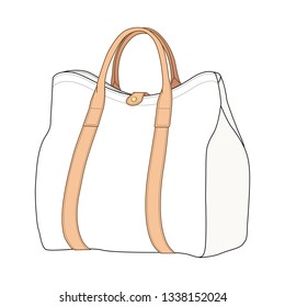 Shopping Tote Bag With Leather Trim, Vector Illustration Flat Sketch Template