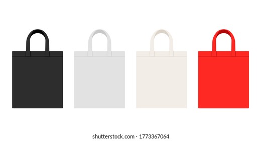 Shopping tote bag mockup with blank copy space. Black, white, beige and red reusable eco bag. Textile package for shopping. Vector illustration isolated on white background