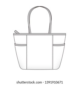 Shopping Tote Bag with side pockets, bag design outline vector illustration sketch template isolated on white background svg