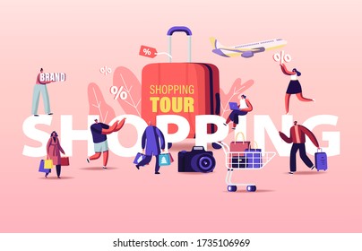 Shopping Tour Concept. Buyers Characters Seasonal Sale. Cheerful Shopaholic People with Trolley Full of Purchases and Gifts. Happy People with Packages Poster Banner Flyer Cartoon Vector Illustration