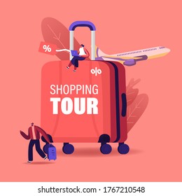 Shopping Tour Concept. Tiny Male Female Characters with Bag and Laptop at Huge Suitcase and Flying Airplane. Travelers and Tourist Shoppers Traveling for Purchases. Cartoon People Vector Illustration