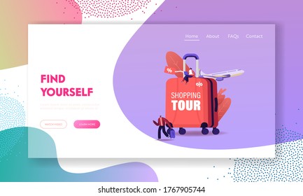 Shopping Tour Landing Page Template. Tiny Characters with Bag and Laptop at Huge Suitcase and Flying Airplane. Travelers and Tourist Shoppers Traveling for Purchase. Cartoon People Vector Illustration