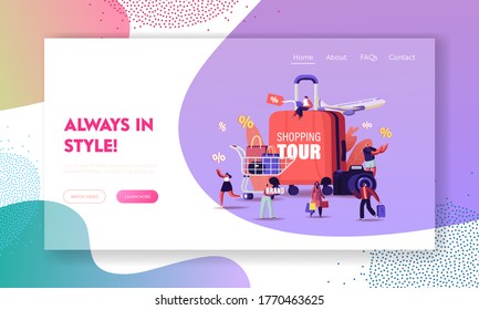 Shopping Tour Landing Page Template. Tiny Characters with Bags and Trolley around of Huge Suitcase, Photo Camera and Flying Airplane. Travelers and Tourist Shoppers. Cartoon People Vector Illustration