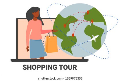 Shopping tour tourism. Online booking of trips abroad. the young woman recommends. Travel around the world, shopping and recreation. Travelers and tourists making purchases. Cartoon people vector 