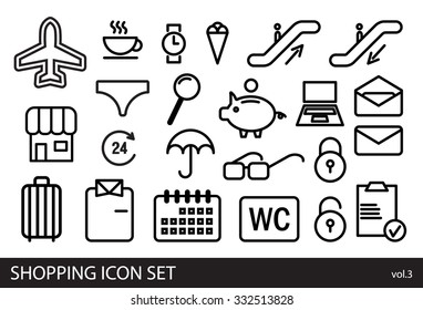 Shopping and tourism minimal vector contoured icons set for web and mobile