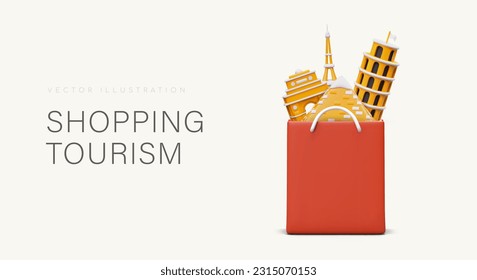 Shopping tourism. Things and products of foreign manufacturers. Excursions to local markets. Visits to best shops. Interesting souvenirs from trip. 3D package filled with architectural monuments