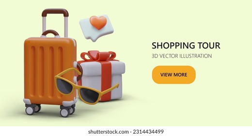 Shopping tours from experienced guides. Individual and group programs. Poster with 3D suitcase, sunglasses, like icon, gift box. Comfortable purchases. Template with button link to travel agent page