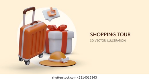 Shopping tours in popular destinations. Trip to another country for shopping. Purchase of original products at low prices. Fashion shows. Advertising poster with 3D luggage, gift box, fashionable hat