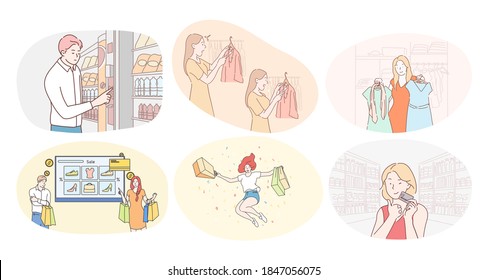 Shopping in trade center or supermarket and sales concept. Happy women and men customers cartoon characters shopping in grocery store or clothes boutique and paying with card for purchase o