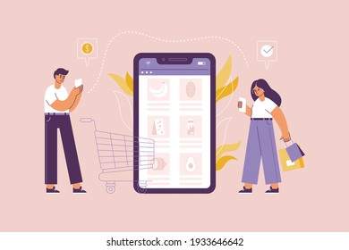 Shopping and trading in online store concept. Cartoon characters pay goods via mobile application. Male seller receives money and sends goods. Flat vector illustration