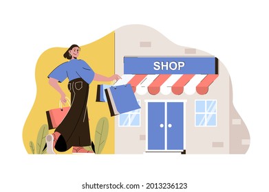 Shopping trip concept. Woman shopping in boutiques on vacation situation. Buyer searches and buys clothes people scene. Vector illustration with flat character design for website and mobile site