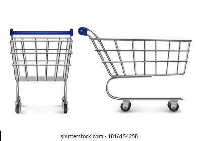 Shopping trolley back and side view, empty supermarket cart isolated on white background. Customers equipment for purchasing in retail shop, grocery and store market. Realistic 3d vector illustration