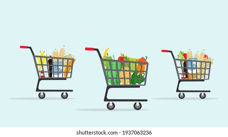 Shopping trolley and basket of food from grocery purchases. Paper bag and plastic of food like fruits, vegetable, bread, bottle of water in flat style vector illustration. Retail super market goods. 
