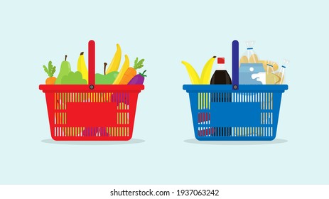 Shopping trolley and basket of food from grocery purchases. Paper bag and plastic of food like fruits, vegetable, bread, bottle of water in flat style vector illustration. Retail super market goods. 
