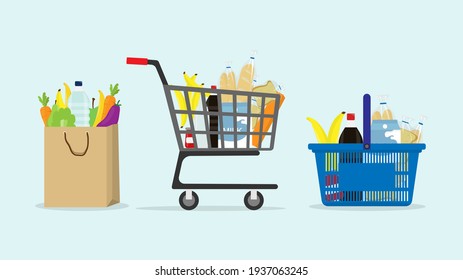 Shopping trolley and basket of food from grocery purchases. Paper bag and plastic of food like fruits, vegetable, bread, bottle of water in flat style vector illustration. Retail super market goods. 
