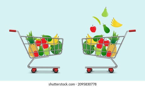 Shopping trolley and basket of food from grocery purchases. Paper bag and plastic of food like fruits, vegetable, bread, bottle of water in flat style vector illustration. Retail super market goods. 
