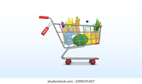 Carrito de compras y cesta de alimentos de compras. Bolsa de papel y plástico de alimentos como frutas, verduras, pan, botella de agua en ilustración vectorial de estilo plano. Mercancías de supermercado minoristas. 
