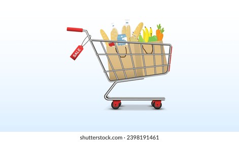 Shopping trolley and basket of food from grocery purchases. Paper bag and plastic of food like fruits, vegetable, bread, bottle of water in flat style vector illustration. Retail super market goods. 
