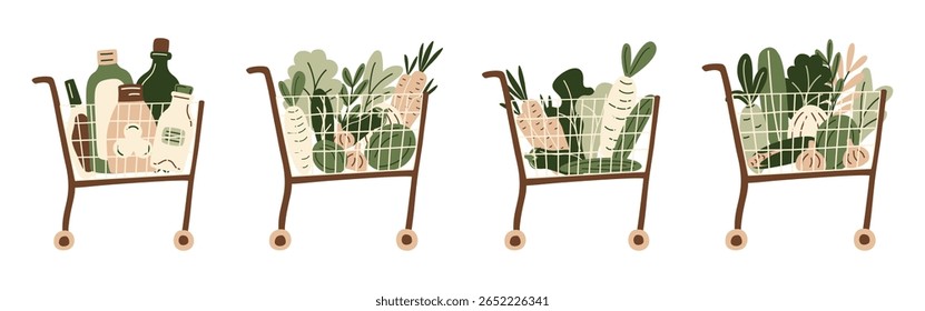Carrinho de compras e cesta de alimentos de compras de supermercado, loja ou mercado de agricultores. Produtos hortícolas, verdes e embalagens sem resíduos. Ilustração de vetor eco-friendly em estilo plano orgânico.