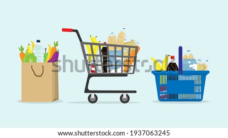 Shopping trolley and basket of food from grocery purchases. Paper bag and plastic of food like fruits, vegetable, bread, bottle of water in flat style vector illustration. Retail super market goods. 
