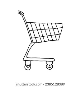 Shopping trolley, basket-style mesh design. Supermarket. Doodle. Vector illustration. Hand drawn. Outline.