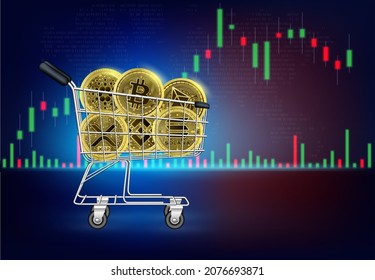 Shopping trolley cart with coins token crypto currency. Buying goods with crypto coins. Currency on future internet. Gold coin Bitcoin, Ethereum, Cardano, Binance, Solana, XRP. 3D Vector.