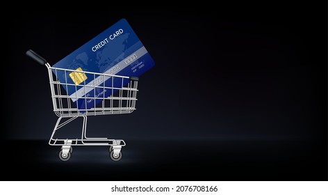Shopping trolley cart with credit card. Online shopping e-commerce and Pay by credit card quick and easy. Payment online concept. 3D Vector.