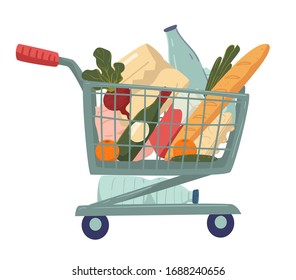 Shopping trolley or cart with grocery products, supermarket food, isolated icon vector. Vegetables and fruits, wine and milk, baguette and beetroot. Oranges and cucumbers, leek and flour pack