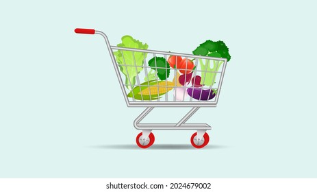 Shopping trolley cart illustration. Basket of vegetables grocery purchases. Shopping cart of food like fruits, vegetable, carrot, in realistic style vector illustration.
