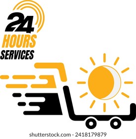 shopping trolley cart with sun and moon logo 24 hours services convenience icon illustration