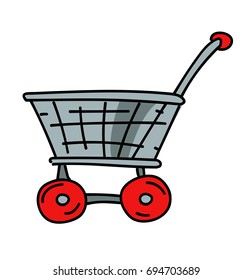 Shopping trolley cartoon hand drawn image. Original colorful artwork, comic childish style drawing.